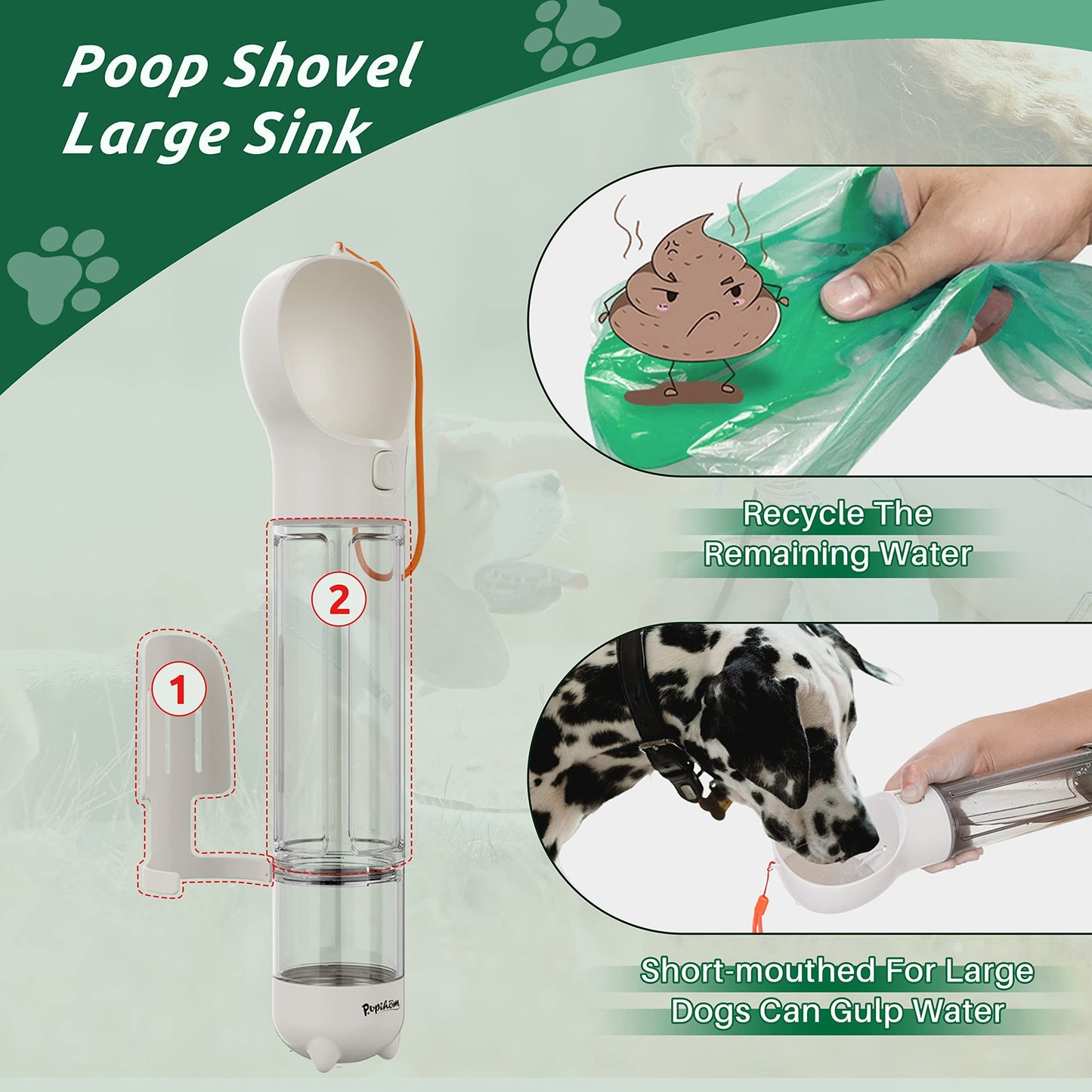 17Oz 3 in 1 Portable Dog Water Bottle, Outdoor Dog Water Dispenser with Poop Bag, Pet Travel Water Bottle Dispenser with Drinking Feeder and Food Container for Dogs Walk Travel, Length 15.55"